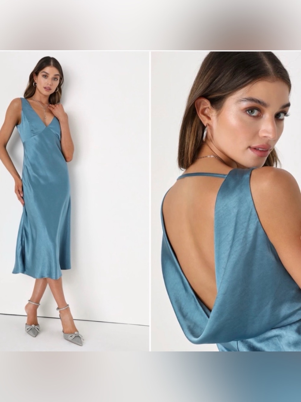 Lulus Slate Blue SatinMidi Slip Dress